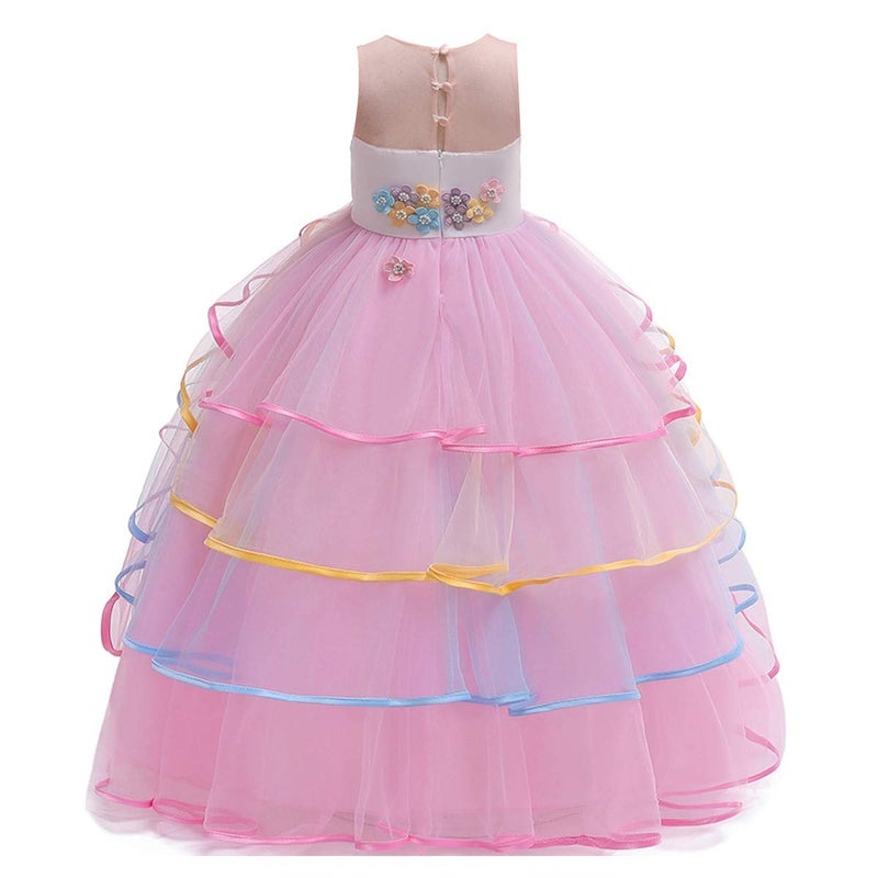 HIHCBF Girls Unicorn Costume Pageant Princess Party Dress Wedding Birthday Halloween Carnival Long Maxi Gown w/Headband Pink 8-9T - Image 4